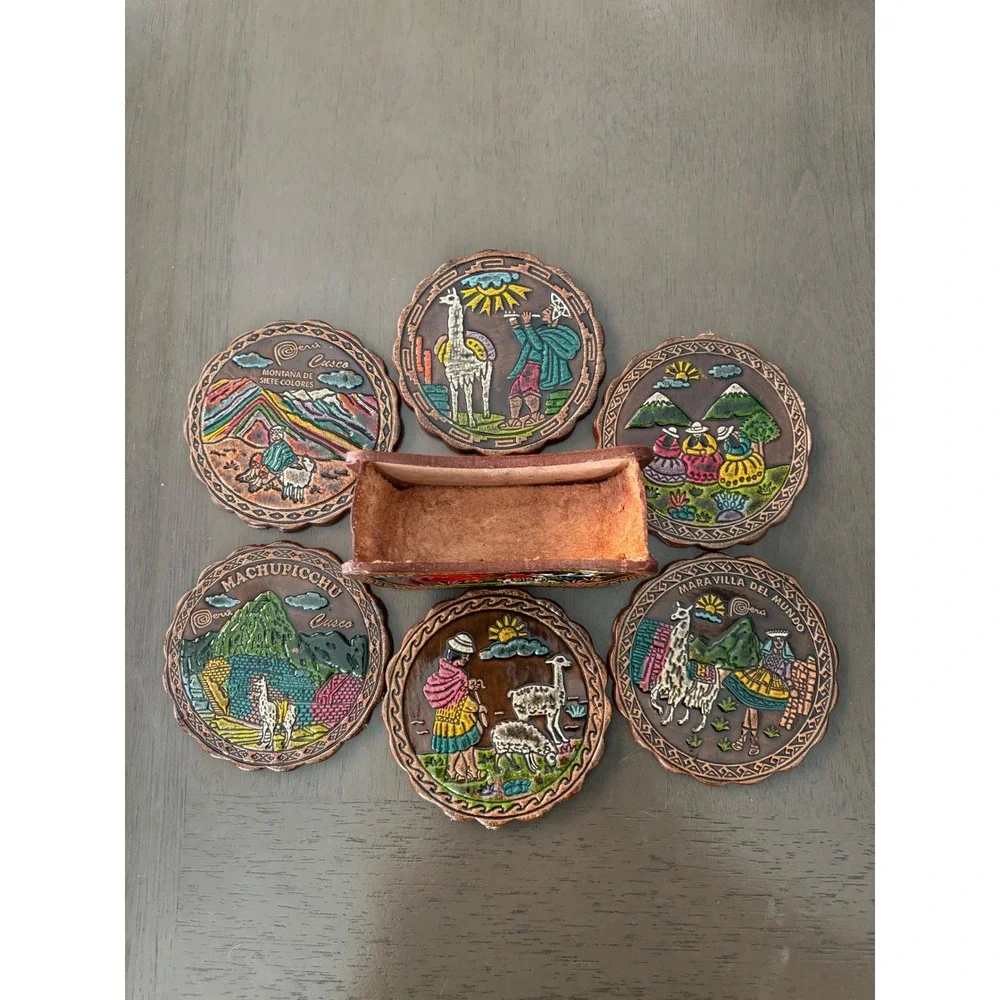 Vintage Peru Hand Painted Tooled Leather Coaster Set of 6 Machu Picchu Cusco